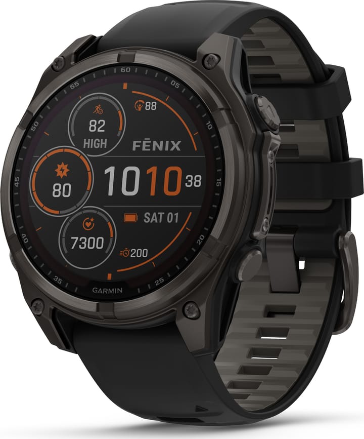 Garmin Fenix 8 Solar 47mm, Sapphire Solar Carbon Gray DLC Titanium - Black/Pebble Grey Silicone Strap Garmin