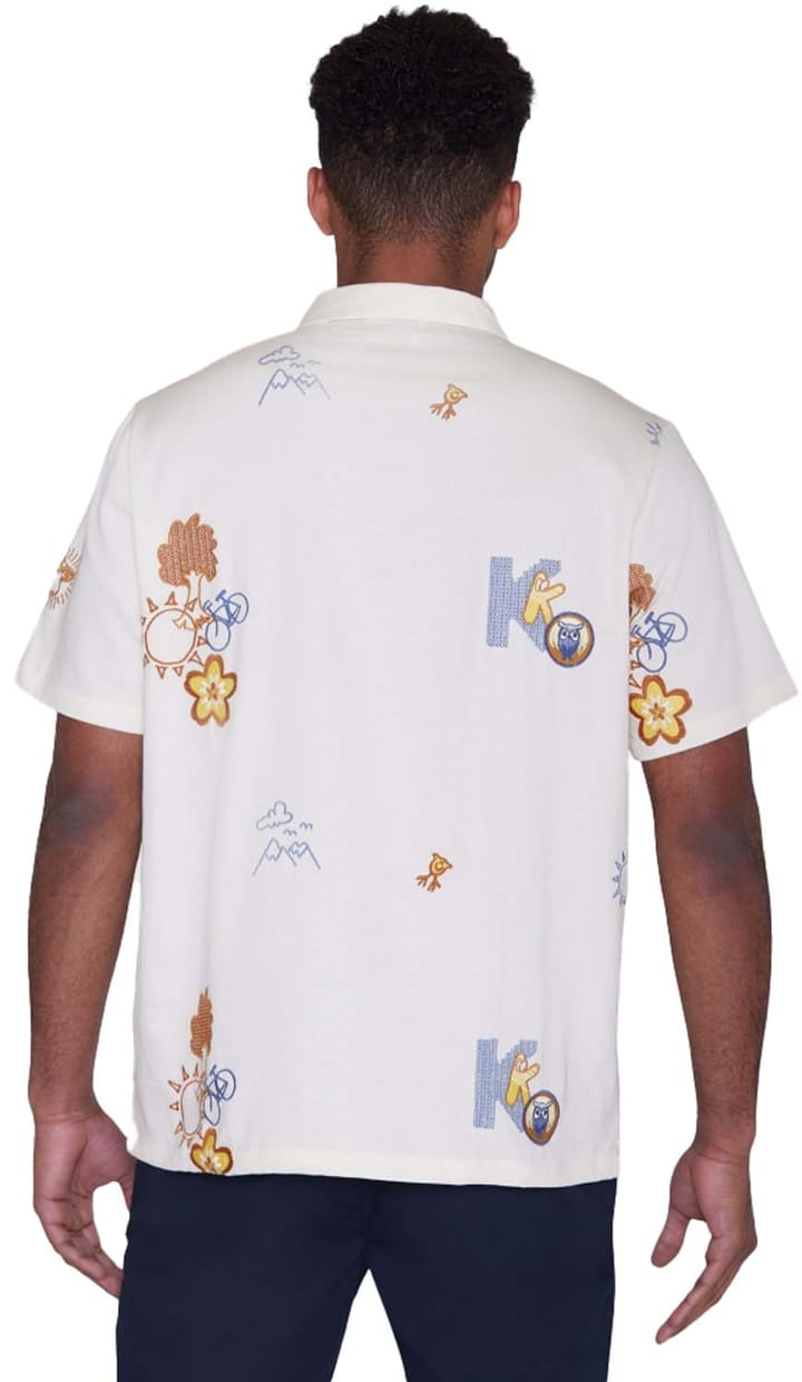 Knowledge Cotton Apparel Box Fit Short Sleeve Shirt With Embroidery Egret Knowledge Cotton Apparel