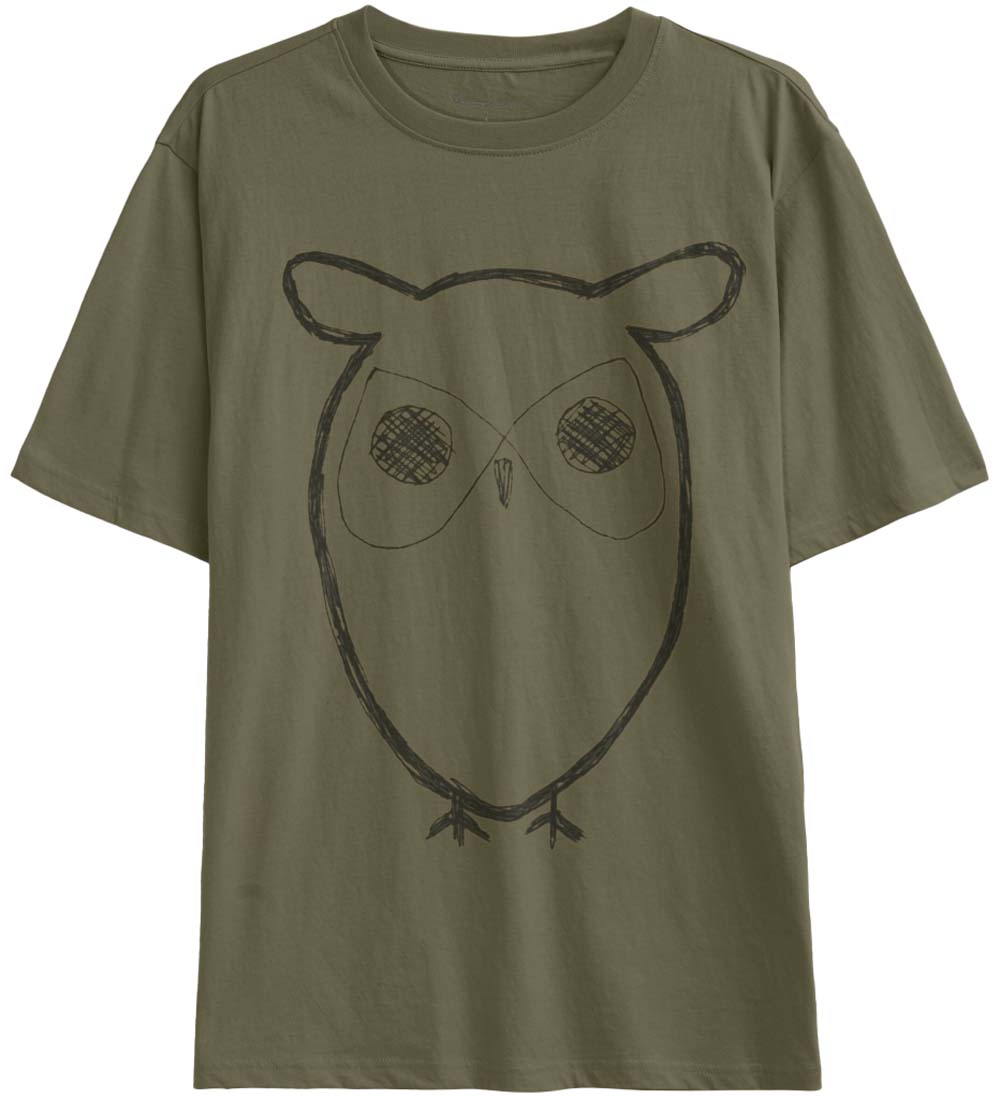 Knowledge Cotton Apparel Regular Big Owl Front Print T-Shirt Burned Olive