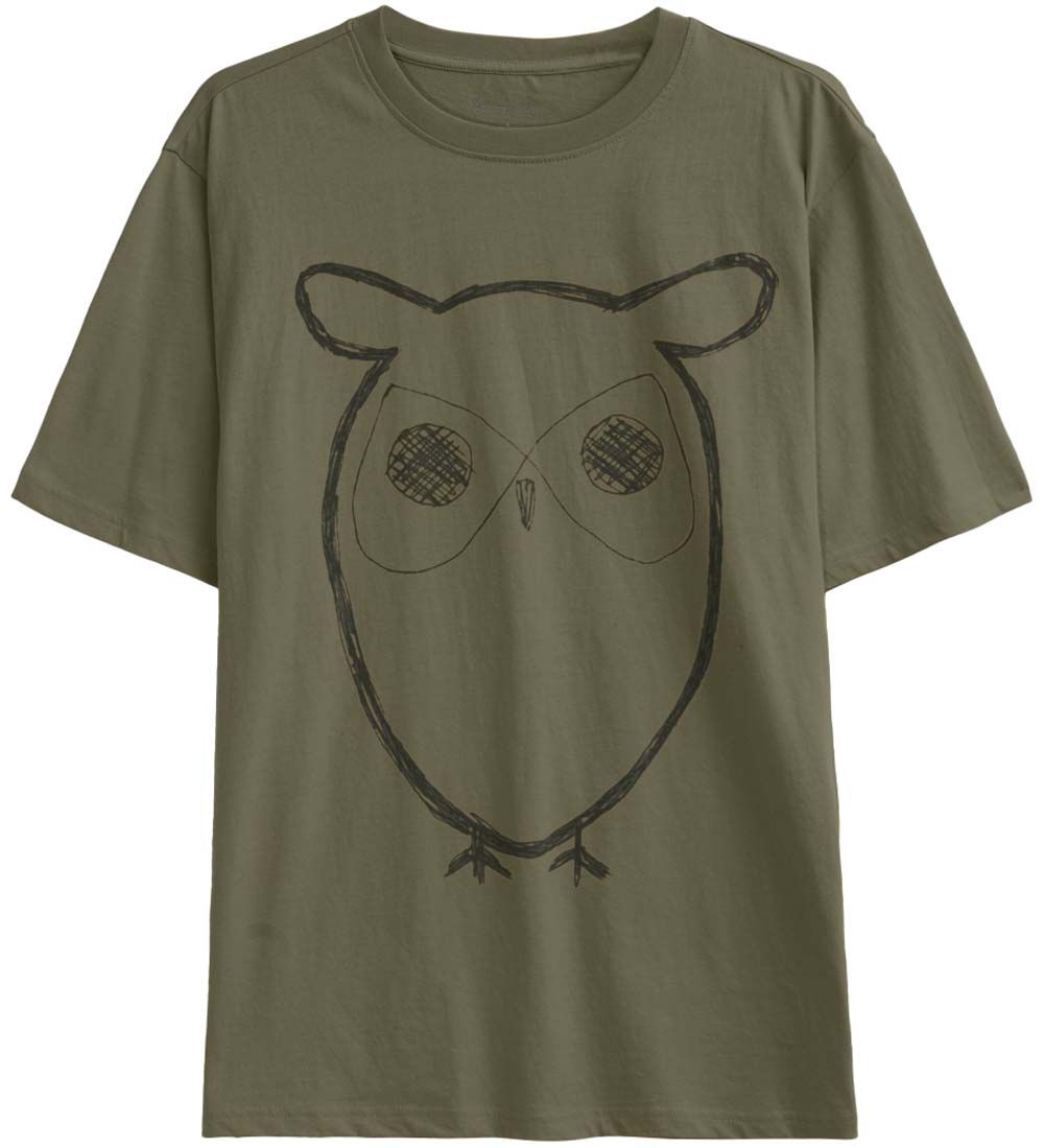 Knowledge Cotton Apparel Regular Big Owl Front Print T-Shirt Burned Olive