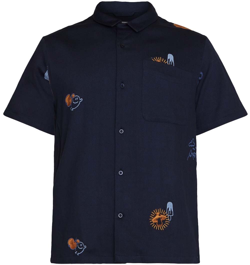 Knowledge Cotton Apparel Box Fit Short Sleeve Shirt With Embroidery Night Sky