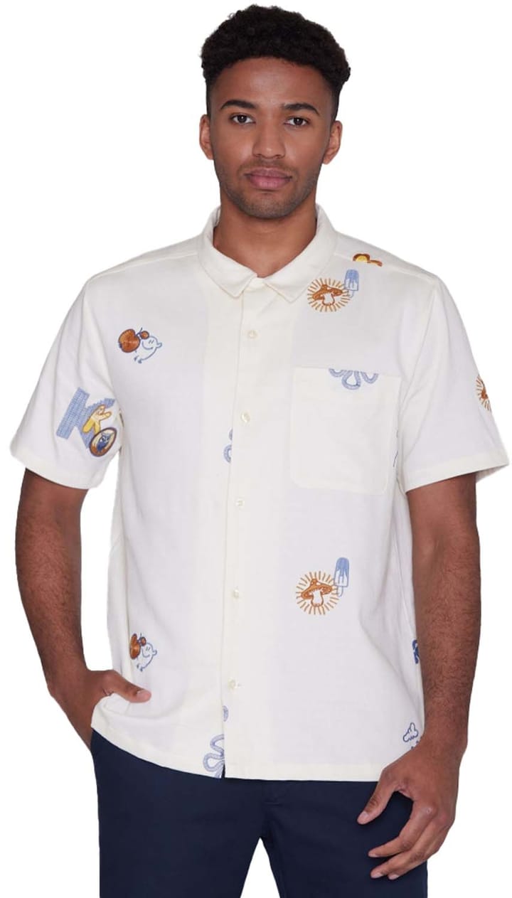 Knowledge Cotton Apparel Box Fit Short Sleeve Shirt With Embroidery Egret Knowledge Cotton Apparel
