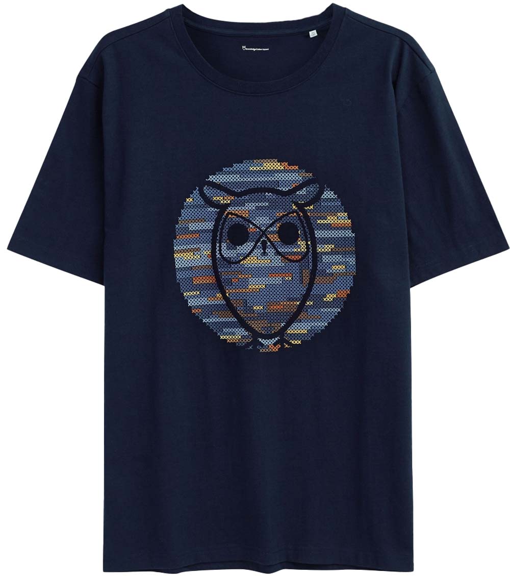 Knowledge Cotton Apparel Regular Short Sleeve Heavy Single Owl Cross Stitch Print T-Shirt Night Sky