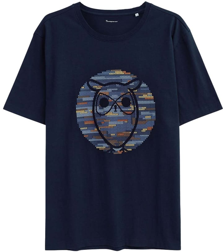 Knowledge Cotton Apparel Regular Short Sleeve Heavy Single Owl Cross Stitch Print T-Shirt Night Sky Knowledge Cotton Apparel