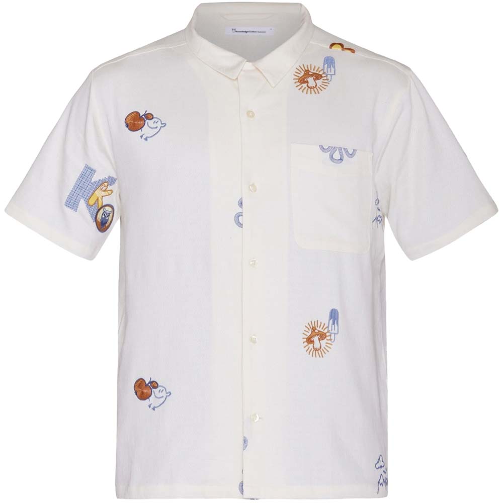 Knowledge Cotton Apparel Box Fit Short Sleeve Shirt With Embroidery Egret