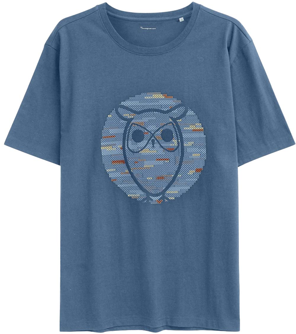 Knowledge Cotton Apparel Regular Short Sleeve Heavy Single Owl Cross Stitch Print T-Shirt Moonlight Blue