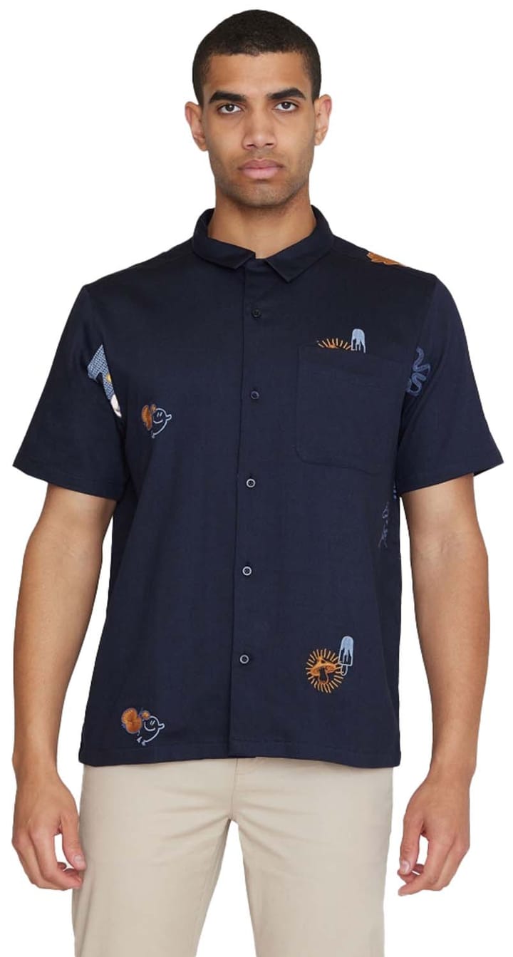 Knowledge Cotton Apparel Box Fit Short Sleeve Shirt With Embroidery Night Sky Knowledge Cotton Apparel