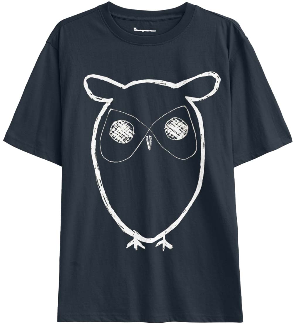 Knowledge Cotton Apparel Regular Big Owl Front Print T-Shirt Total Eclipse