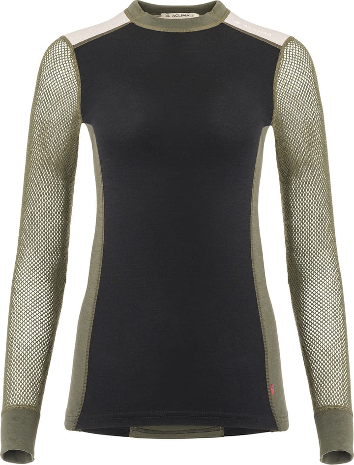 Aclima Women's WoolNet Hybrid Crew Neck Jet Black/Tarmac/Beige Melange Aclima
