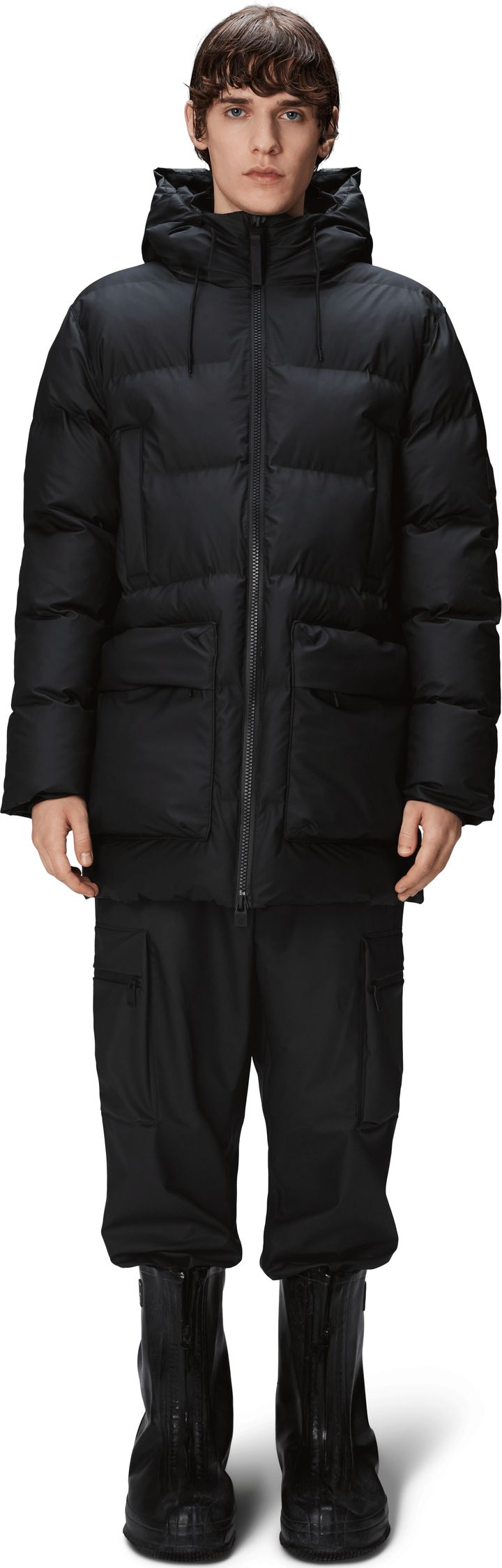Rains Unisex Alta Long Puffer Cargo Jacket W3T4 Black Rains