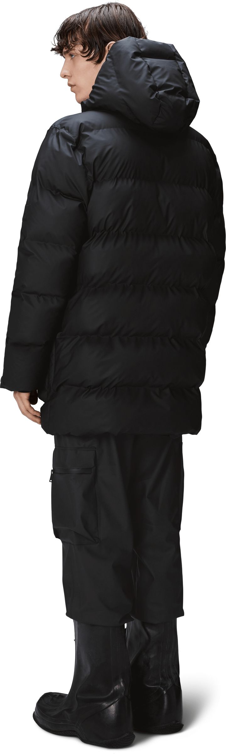 Rains Unisex Alta Long Puffer Cargo Jacket W3T4 Black Rains
