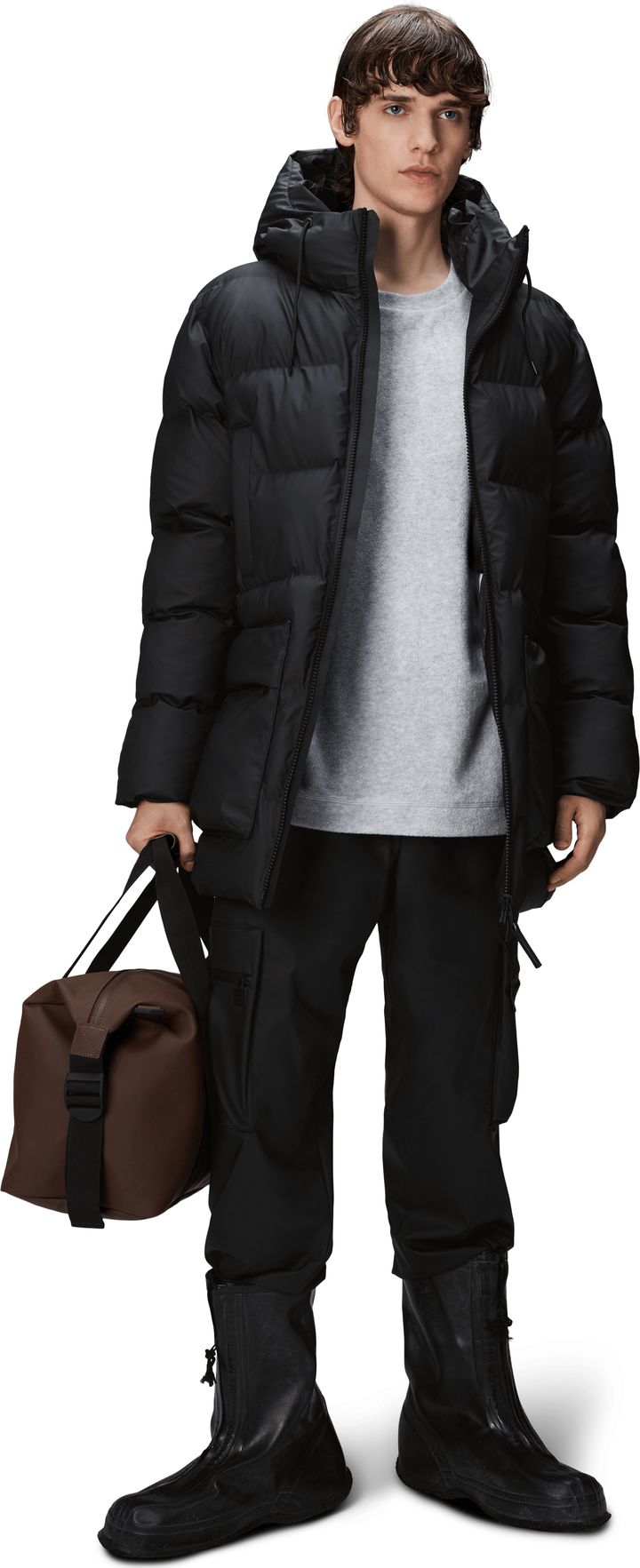 Rains Unisex Alta Long Puffer Cargo Jacket W3T4 Black Rains