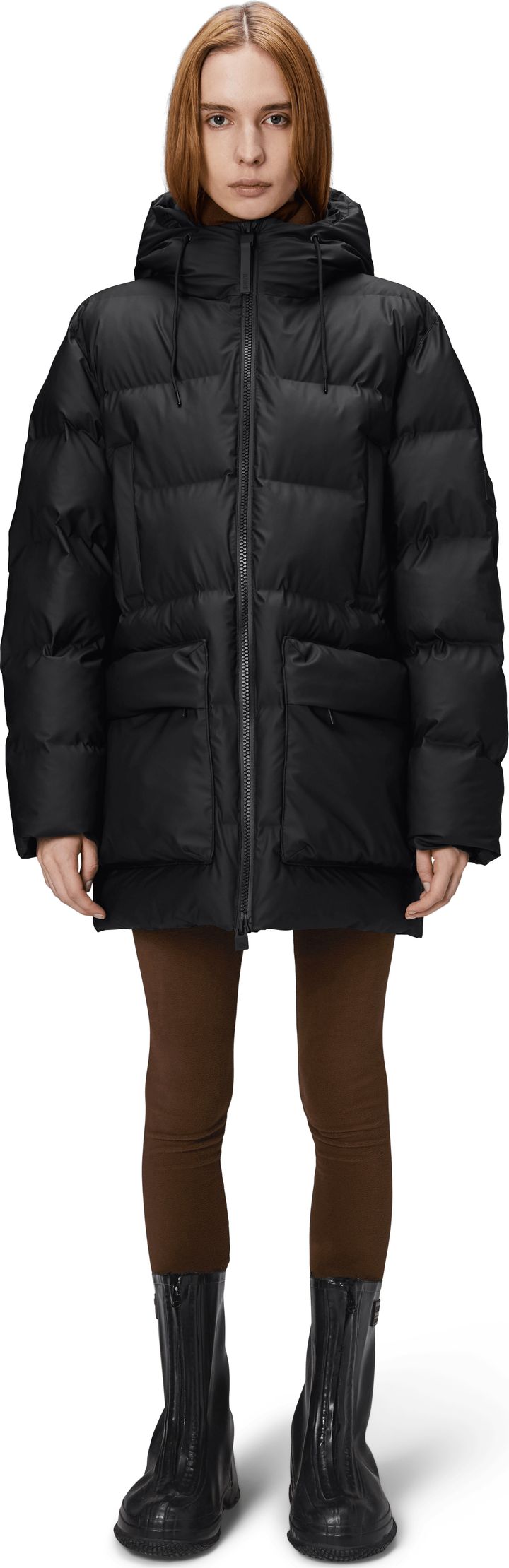 Rains Unisex Alta Long Puffer Cargo Jacket W3T4 Black Rains
