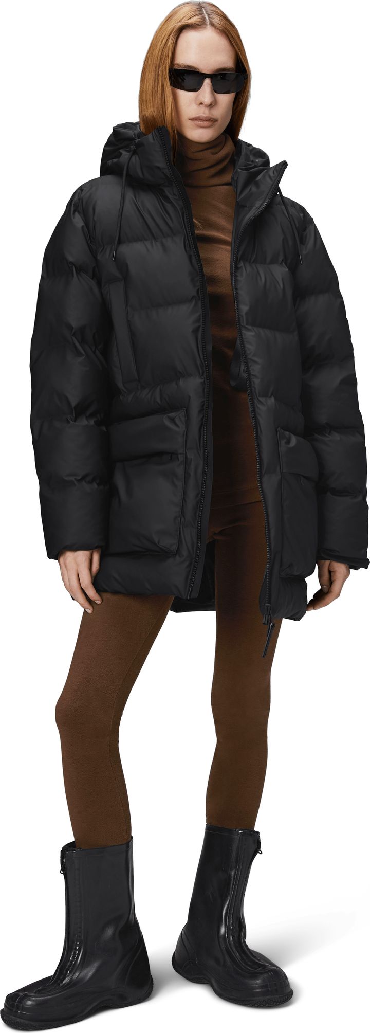 Rains Unisex Alta Long Puffer Cargo Jacket W3T4 Black Rains
