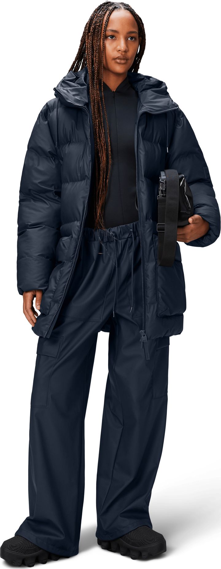Rains Unisex Alta Long Puffer Cargo Jacket W3T4 Navy Rains
