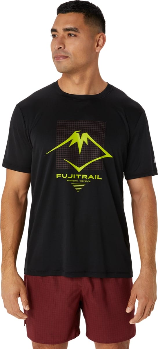 Men's Fujitrail Logo Short Sleeve Top Performance Black/Antique Red/Neon Lime Asics Men's Fujitrail Logo Short Sleeve Top Performance Black/Antique Red/Neon Lime Asics