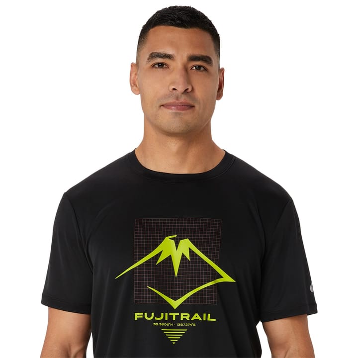Men's Fujitrail Logo Short Sleeve Top Performance Black/Antique Red/Neon Lime Asics Men's Fujitrail Logo Short Sleeve Top Performance Black/Antique Red/Neon Lime Asics
