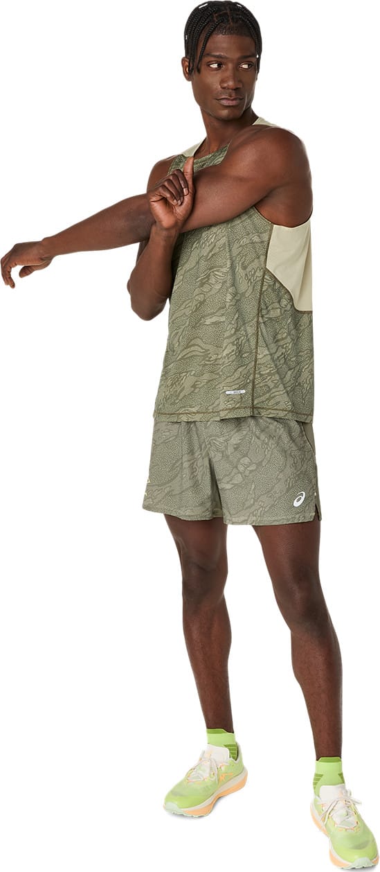 Asics Men's Fujitrail All Over Print 5in Shorts Mantle Green Asics Asics Men's Fujitrail All Over Print 5in Shorts Mantle Green Asics