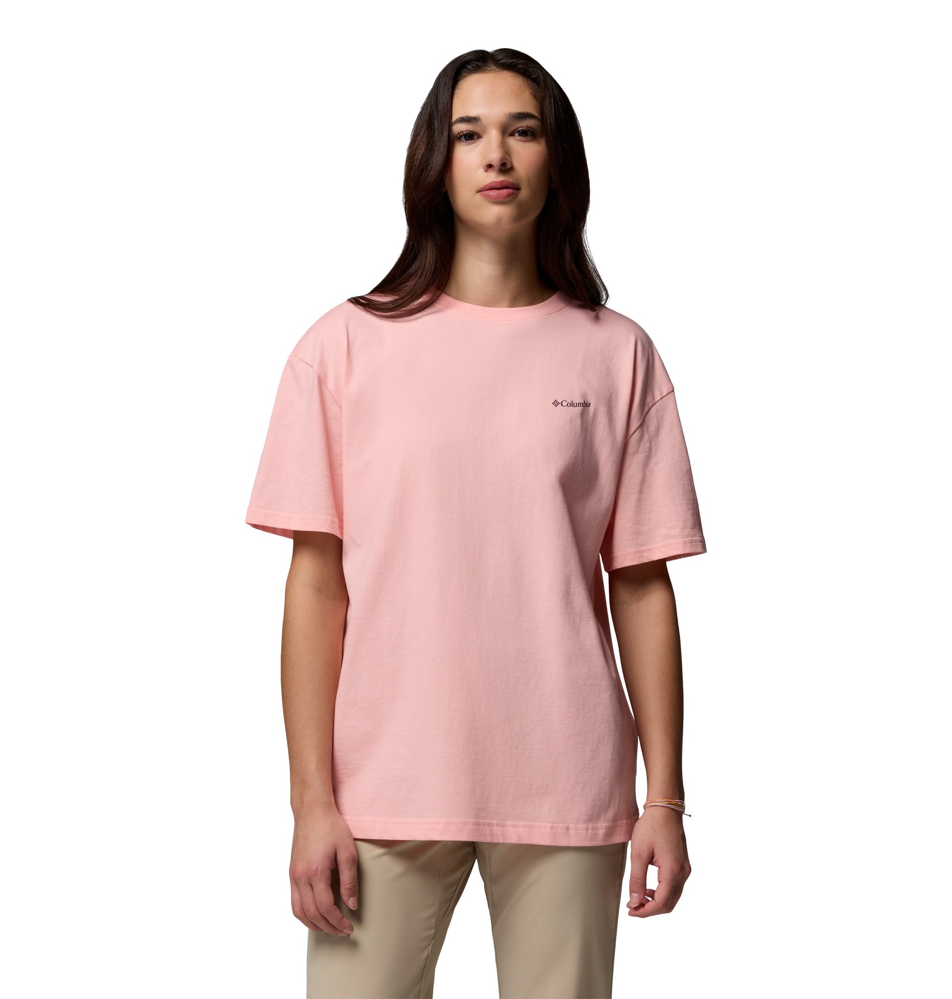 COLUMBIA Women's Rolling Bend Graphic Oversized T-Shirt Pink Sand, Bubbly Scoped View