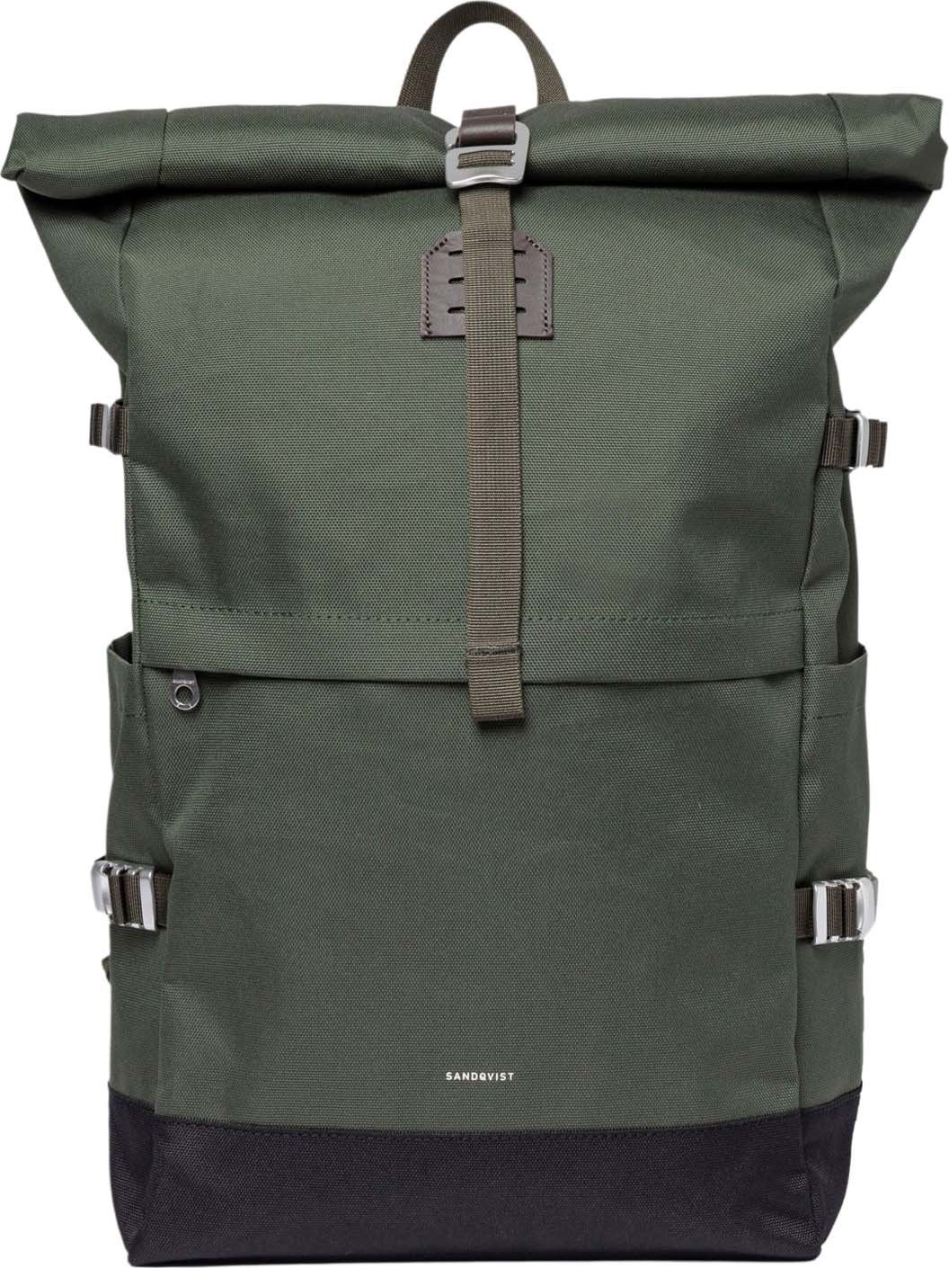 Sandqvist Icon Rolltop Backpack L Dawn Green With Dark Brown Leather