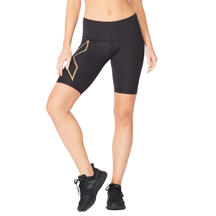 Women's Light Speed Mid-Rise Compression Shorts Black/Gold Reflective 2XU