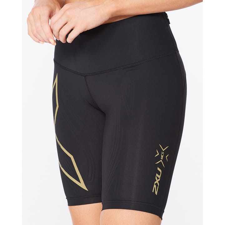 Women's Light Speed Mid-Rise Compression Shorts Black/Gold Reflective 2XU