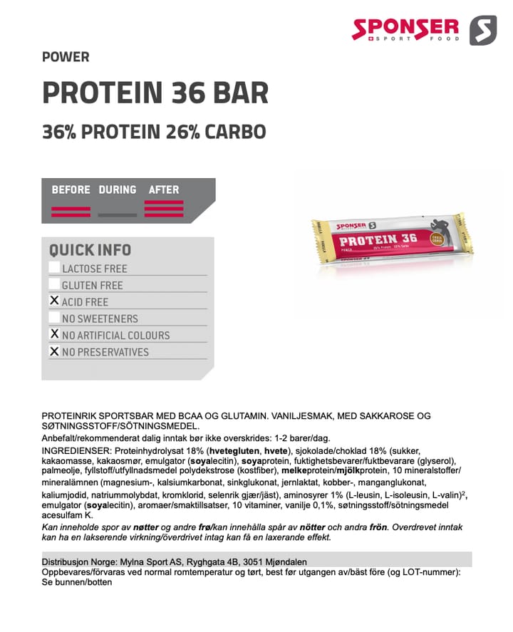 Sponser Protein 36 Bar Vanille 50 g. Sponser