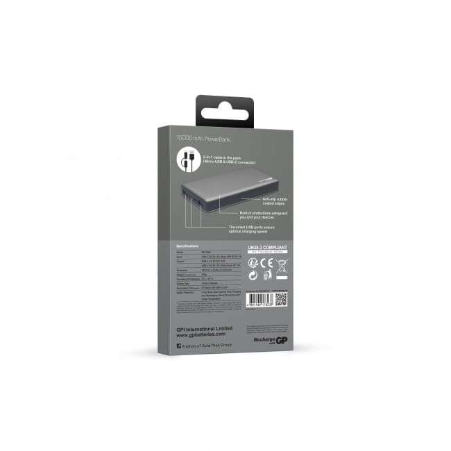 GP Batterier GP Powerbank Voyage 2.0 15000 mAh Graphite Grey GP Batterier GP Batterier GP Powerbank Voyage 2.0 15000 mAh Graphite Grey GP Batterier