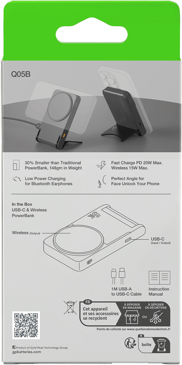 GP Batterier Magnetic Safe 2-In-1 Wireless Powerbank 5000 mAh Grey GP Batterier GP Batterier Magnetic Safe 2-In-1 Wireless Powerbank 5000 mAh Grey GP Batterier