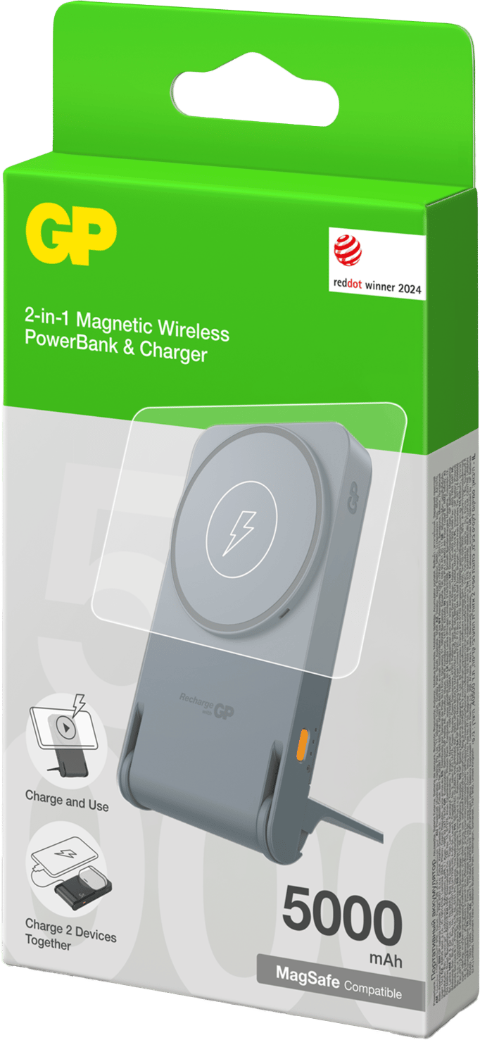GP Batterier Magnetic Safe 2-In-1 Wireless Powerbank 5000 mAh Grey GP Batterier GP Batterier Magnetic Safe 2-In-1 Wireless Powerbank 5000 mAh Grey GP Batterier