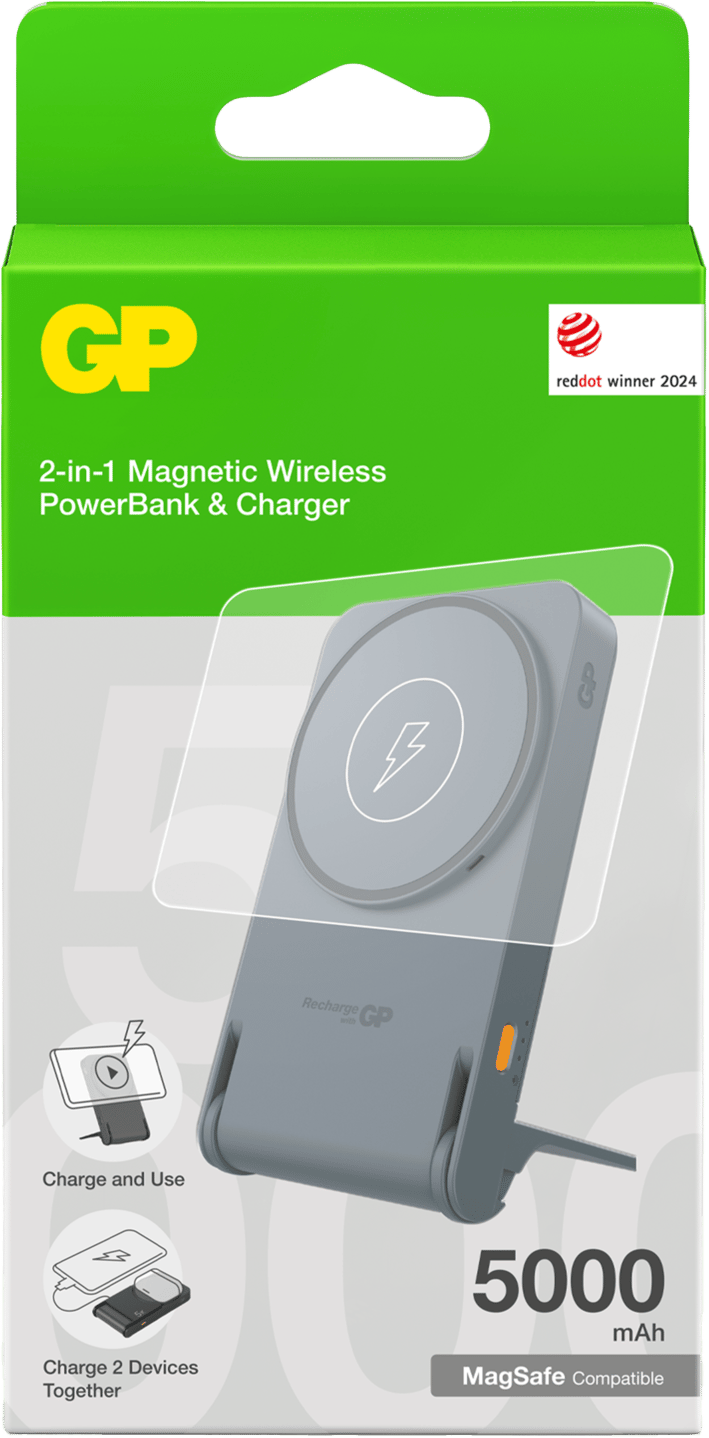 GP Batterier Magnetic Safe 2-In-1 Wireless Powerbank 5000 mAh Grey GP Batterier GP Batterier Magnetic Safe 2-In-1 Wireless Powerbank 5000 mAh Grey GP Batterier