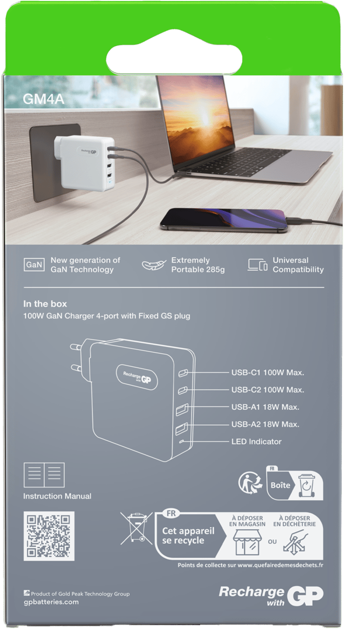 GP Batterier Wall Charger GM4A GaN PD 100W White GP Batterier