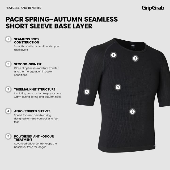 Gripgrab Unisex PACR Spring-Autumn Seamless Short Sleeve Base Layer Black Gripgrab