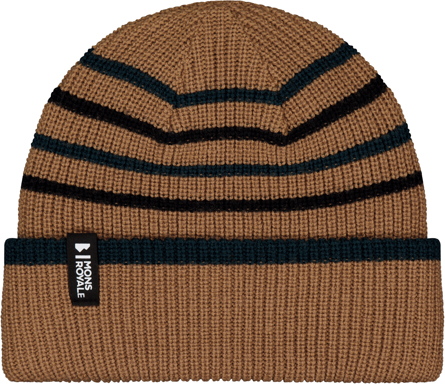 Mons Royale Stripey Merino Beanie Tan/dark Pine/black