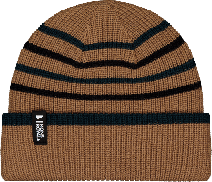 Mons Royale Stripey Merino Beanie Tan/dark Pine/black Mons Royale