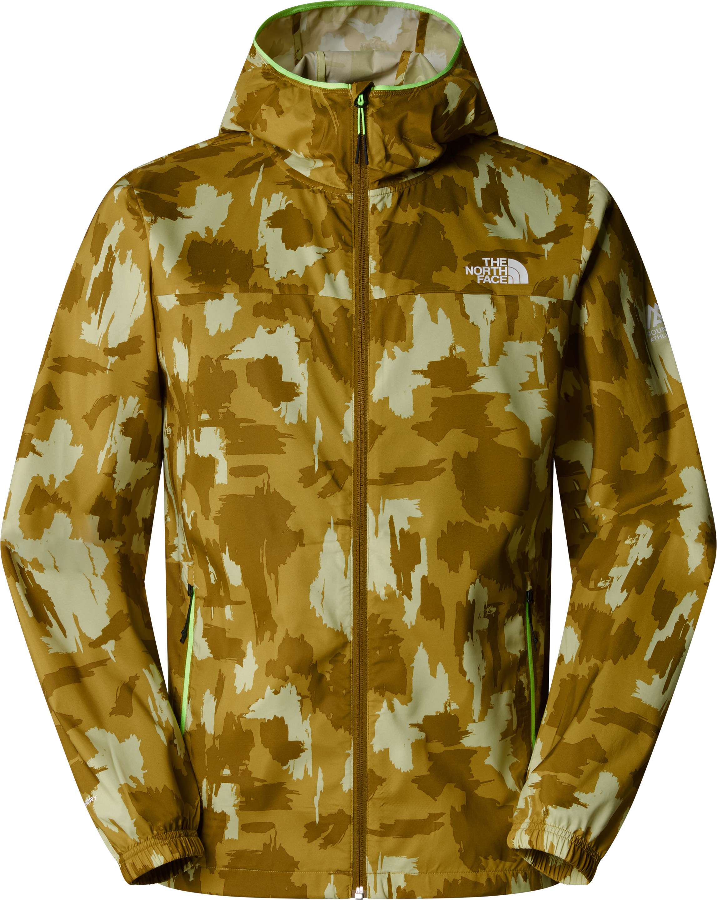 The North Face Men's Mountain Athletics Printed Hooded Wind Jacket Amber Green Painted Mountains Print Urheilutakit vuorettomat S
