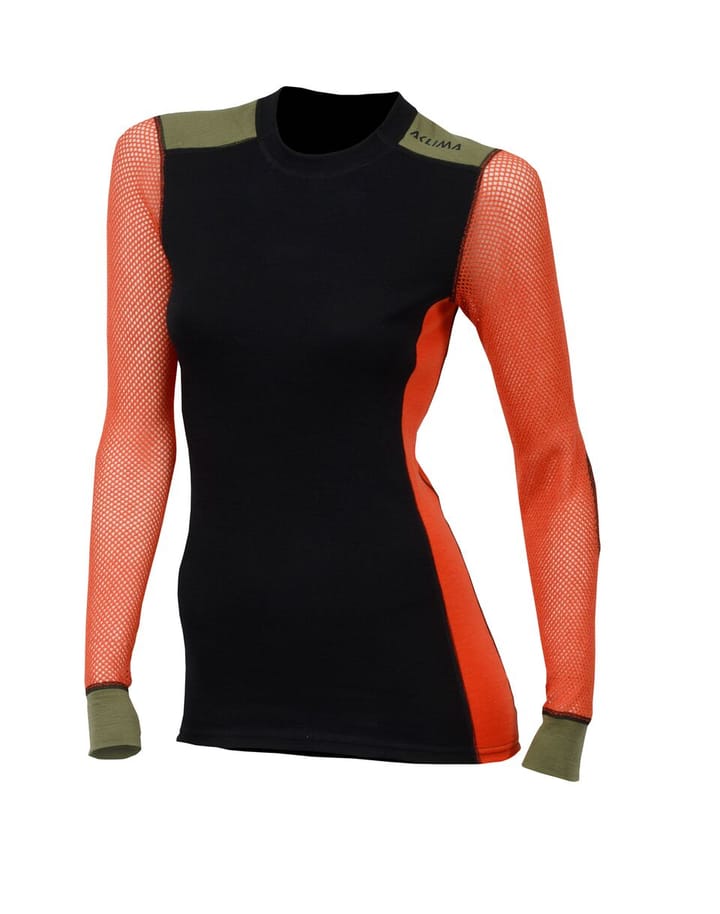 Aclima Women's WoolNet Hybrid Crew Neck Jet Black/Poinciana/Capulet Olive Aclima Aclima Women's WoolNet Hybrid Crew Neck Jet Black/Poinciana/Capulet Olive Aclima
