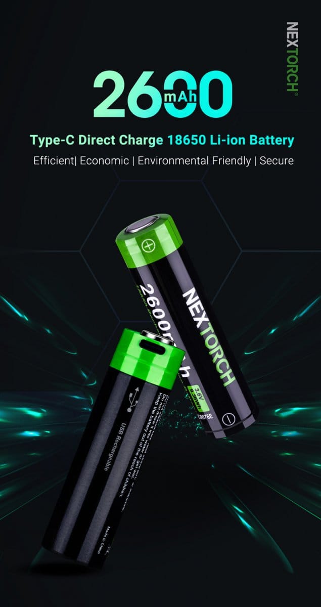 NexTorch Laddningsbart Batteri 18650, 2600 Mah, integread laddport Black NexTorch