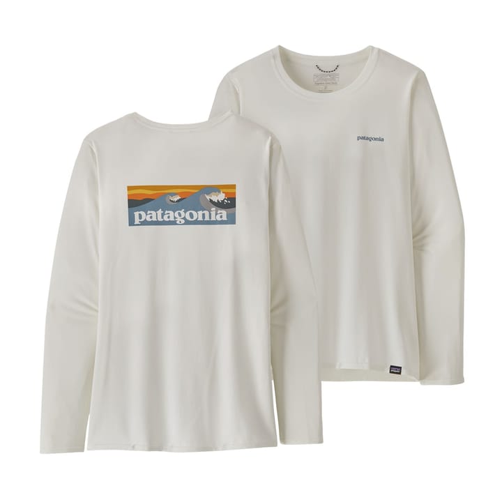 Patagonia W's L/S Cap Cool Daily Graphic Shirt - Waters Boardshort Logo Light Plume Grey: White Patagonia