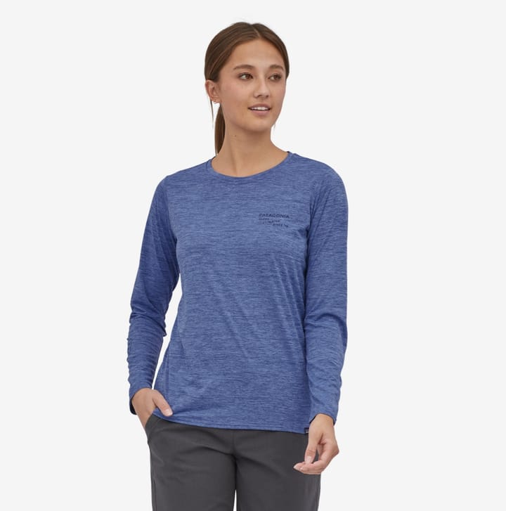 Patagonia Women's Long Sleeve Cap Cool Daily Graphic Shirt Clean Climb Badges: Current Blue X-Dye Patagonia Patagonia Women's Long Sleeve Cap Cool Daily Graphic Shirt Clean Climb Badges: Current Blue X-Dye Patagonia