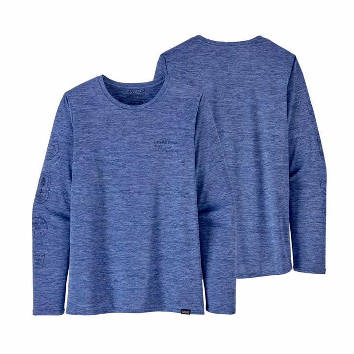 Patagonia Women's Long Sleeve Cap Cool Daily Graphic Shirt Clean Climb Badges: Current Blue X-Dye Patagonia Patagonia Women's Long Sleeve Cap Cool Daily Graphic Shirt Clean Climb Badges: Current Blue X-Dye Patagonia