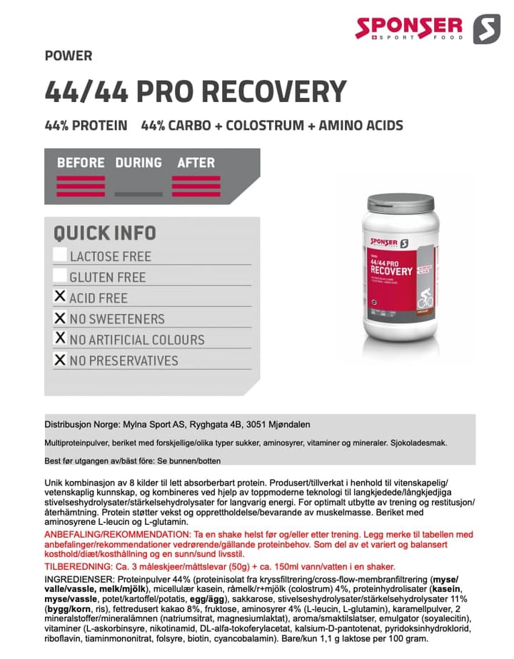 Sponser Power 44/44 Pro Recovery Chocolate Sponser Sponser Power 44/44 Pro Recovery Chocolate Sponser