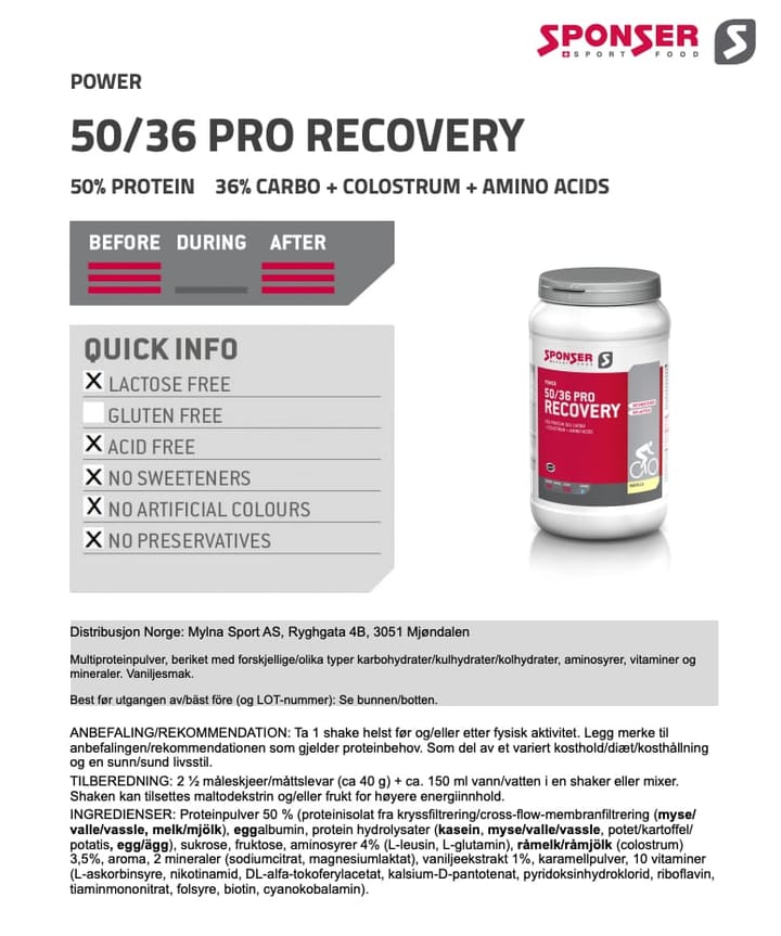 Sponser Pro Recovery 50/36 Vanilla Sponser Sponser Pro Recovery 50/36 Vanilla Sponser