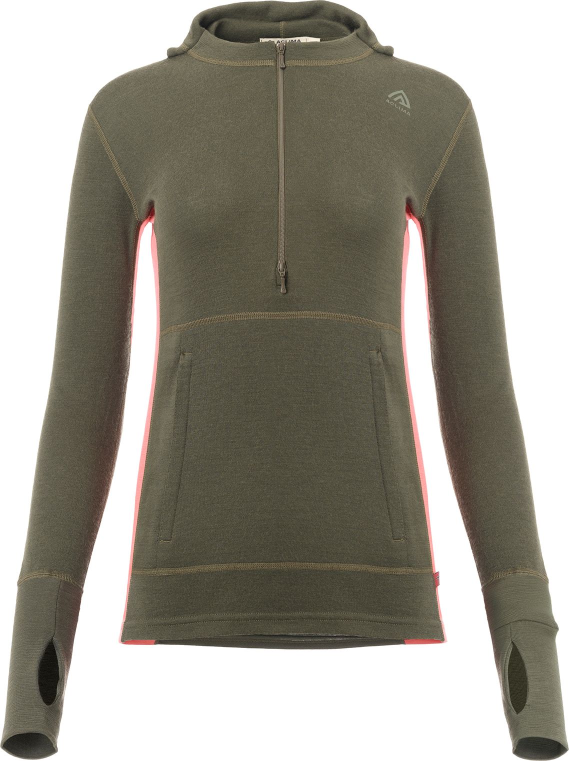 Aclima Women's WarmWool Hoodsweater with Zip Olive Night/Spiced Coral