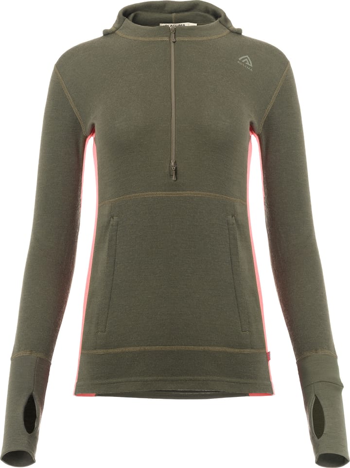 Aclima Women's WarmWool Hoodsweater with Zip Olive Night/Spiced Coral Aclima