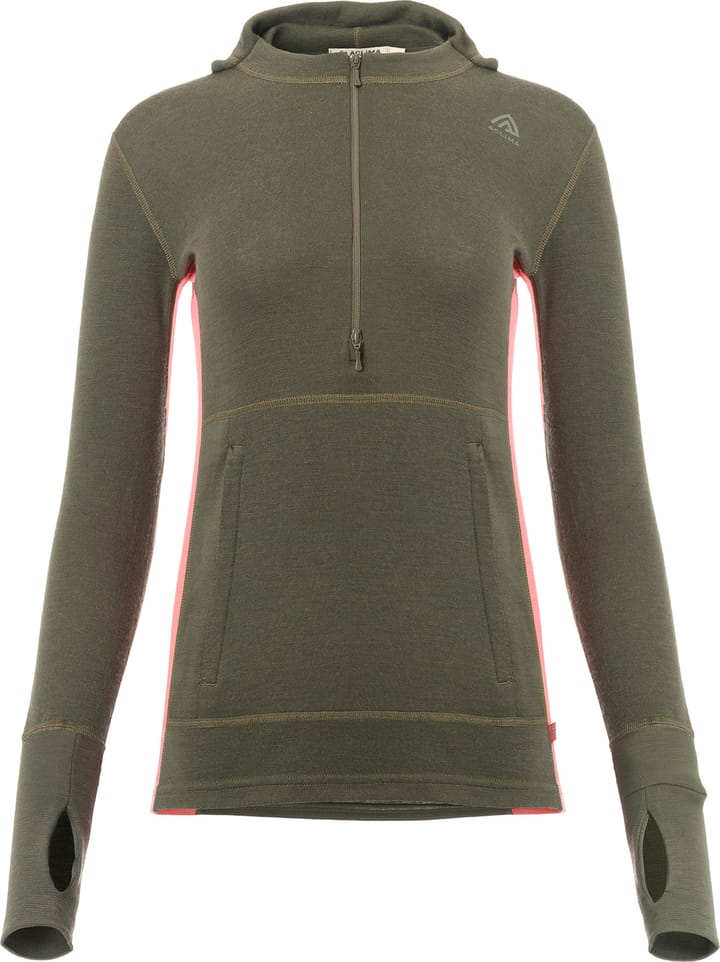 Women's WarmWool Hoodsweater with Zip Olive Night / Spiced Coral Aclima