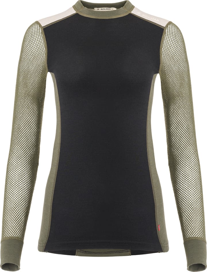 Aclima Women's WoolNet Hybrid Crew Neck Jet Black/Olive Night/Beige Melange Aclima