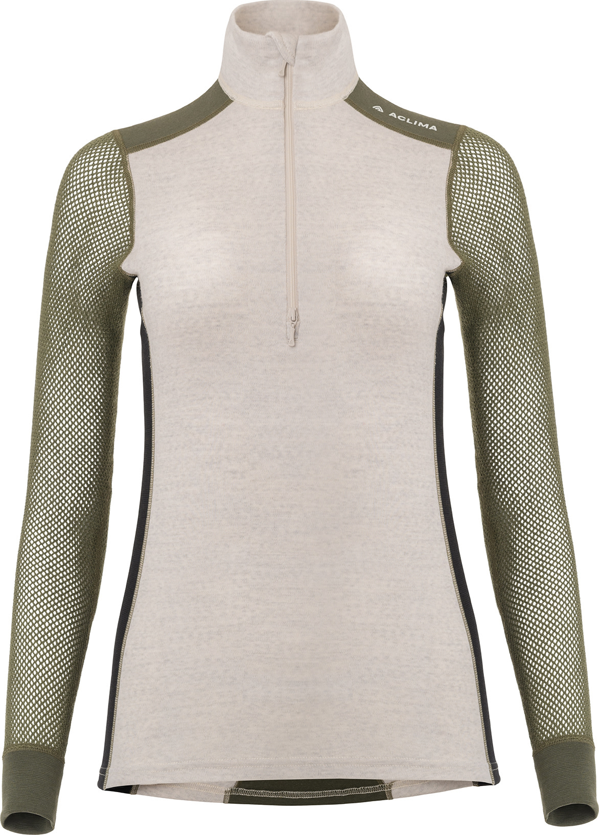 Aclima Women’s WoolNet Hybrid Mock Neck Beige Melange /Olive Night /Jet Black