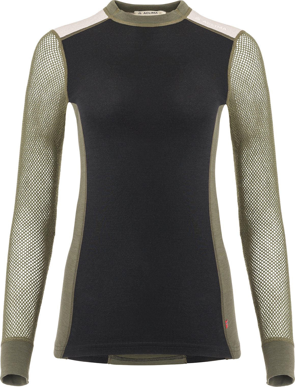 Aclima Women's WoolNet Hybrid Crew Neck Jet Black/Olive Night/Beige Melange