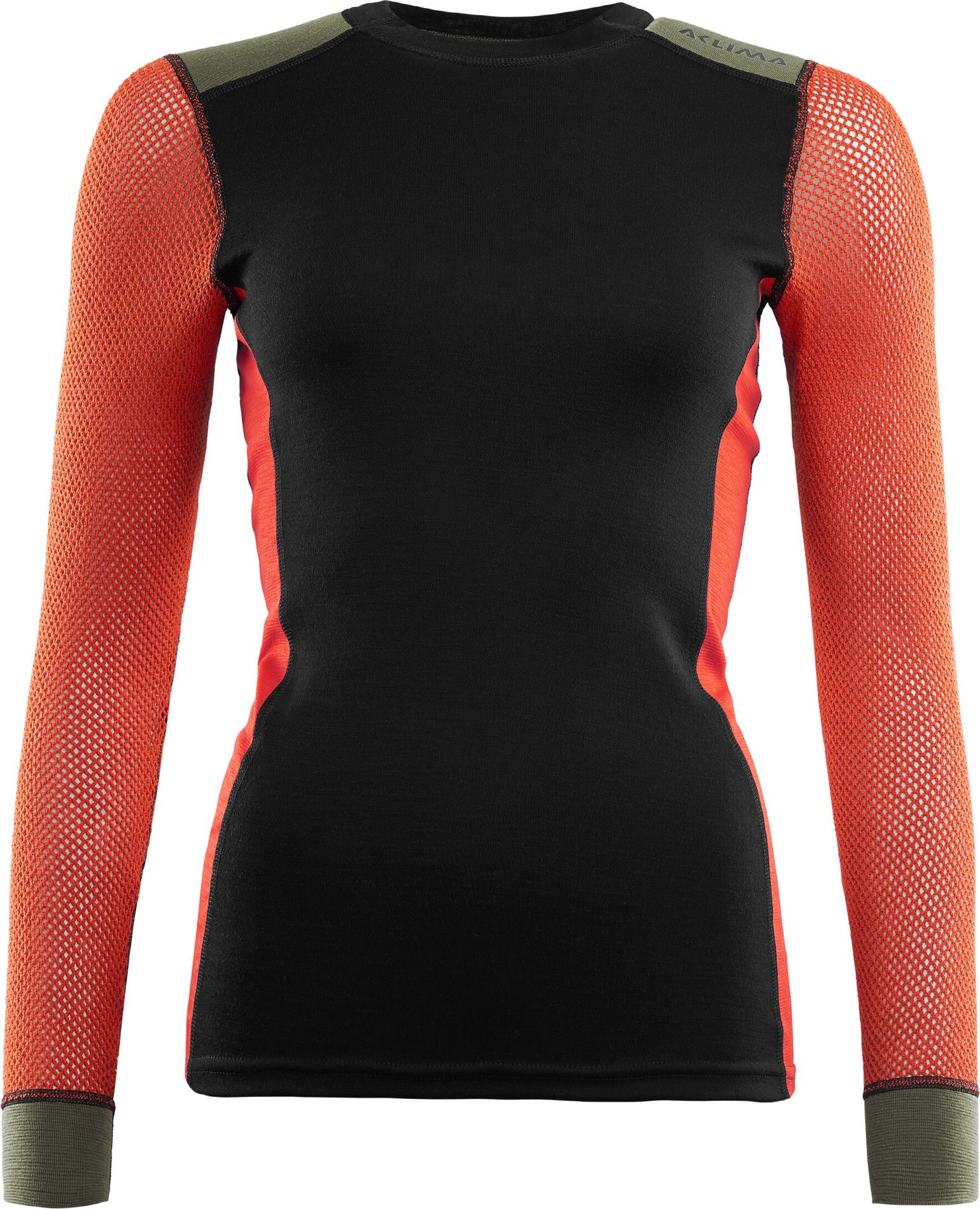 Aclima Women's WoolNet Hybrid Crew Neck Jet Black/Poinciana/Capulet Olive